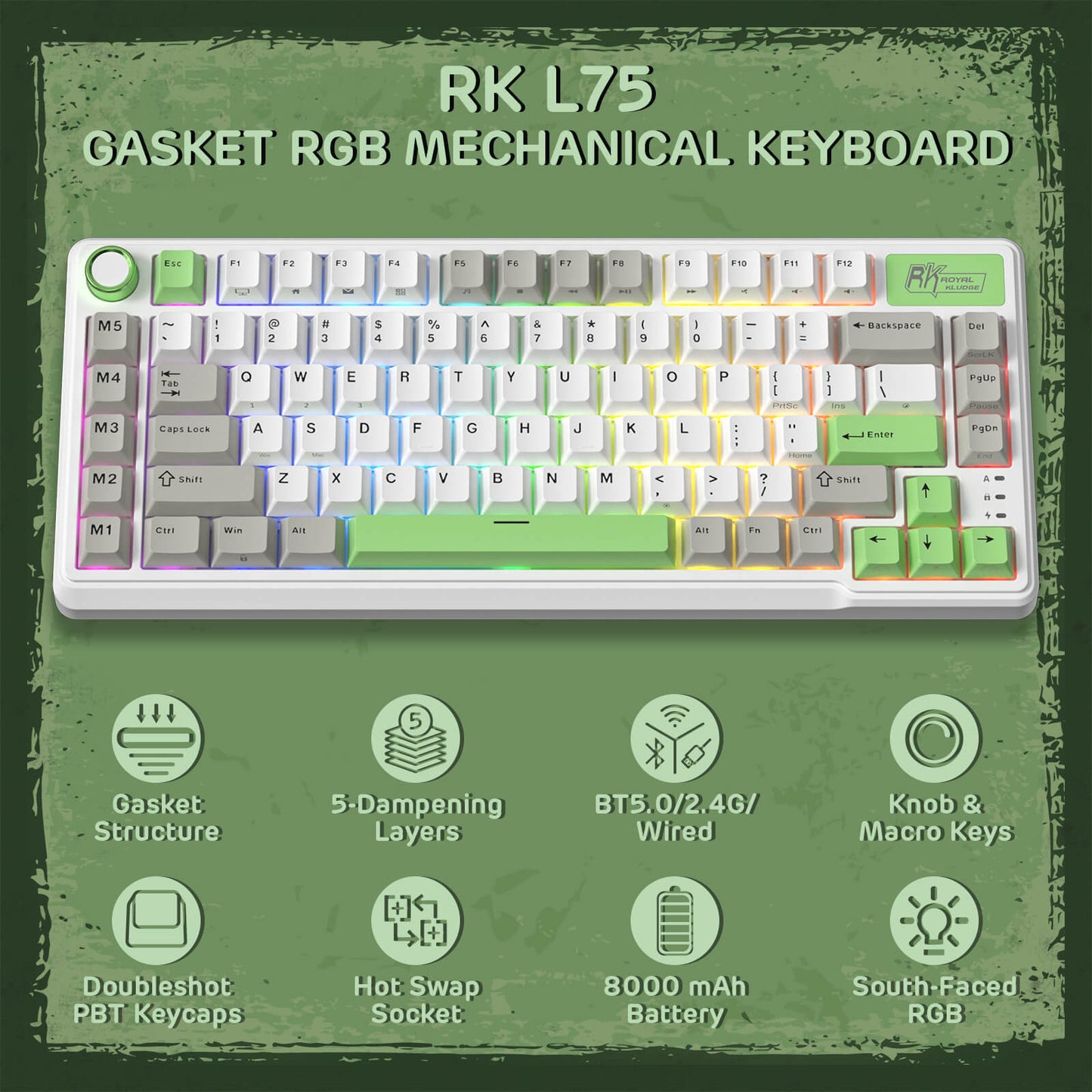 RK ROYAL KLUDGE L75 Gasket Mount Mechanical Keyboard w/Knob /Macro Keys & Touchable Nameplate, Tri-Mode  75% TKL Wireless Keyboard BT/2.4G/USB-C, Hot Swappable, Pro Software, Massive 8000mAh Battery