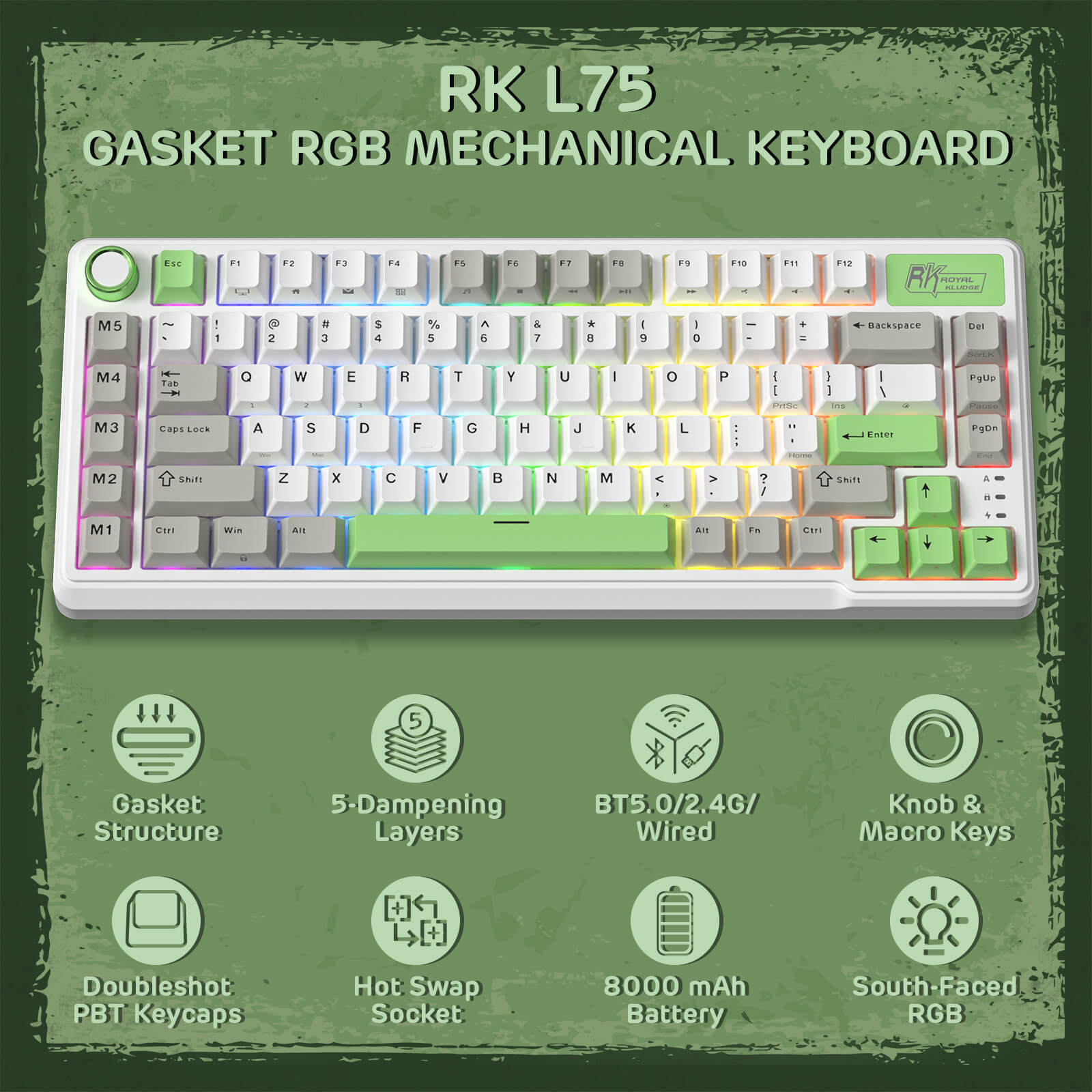 RK ROYAL KLUDGE L75 Gasket Mount Mechanical Keyboard w/Knob /Macro Keys & Touchable Nameplate, Tri-Mode  75% TKL Wireless Keyboard BT/2.4G/USB-C, Hot Swappable, Pro Software, Massive 8000mAh Battery