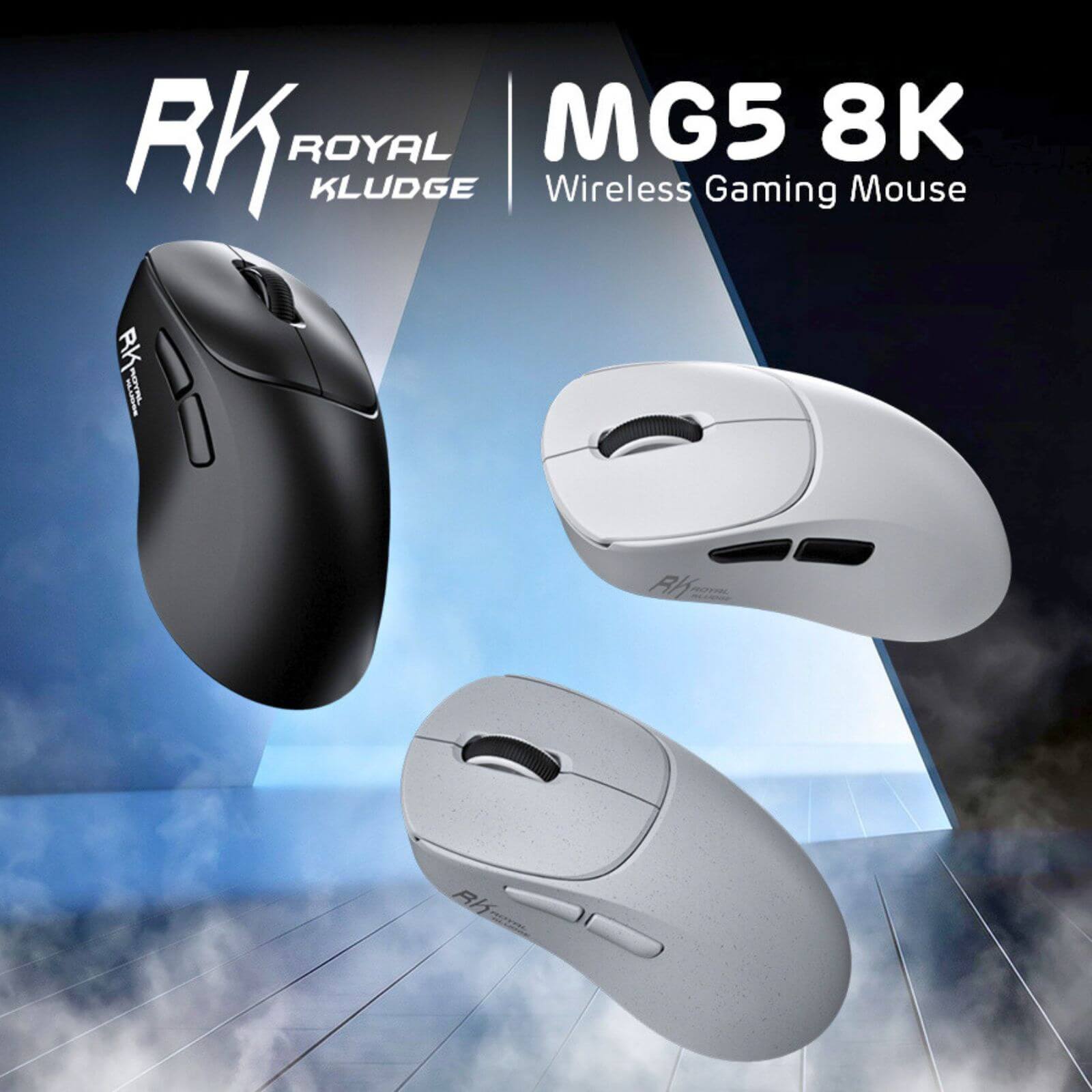 RK Royal Kludge MG5 8K wireless gaming mouse with black, white, and gray color options on a blue gradient background.