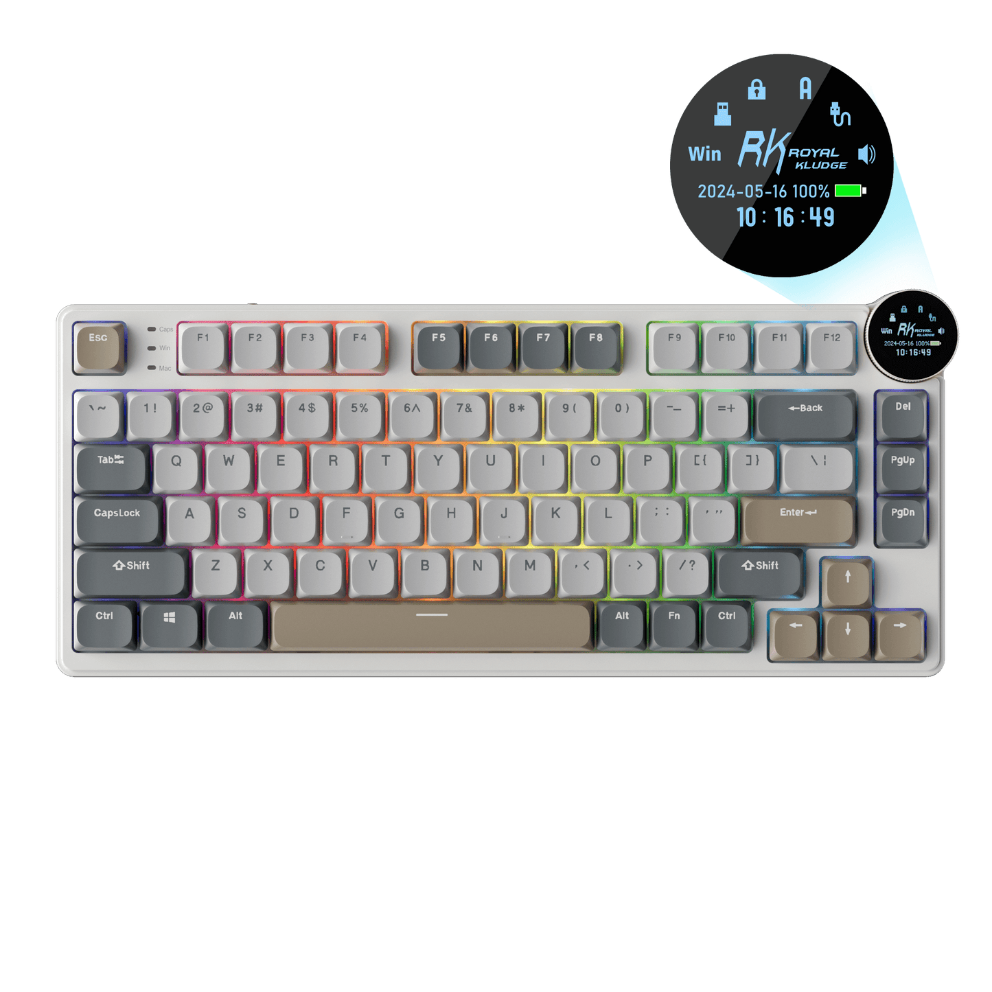 RK N80 Low Profile Mechanical Keyboard featuring display screen, compact design, and RGB backlighting, suitable for efficient work and gaming