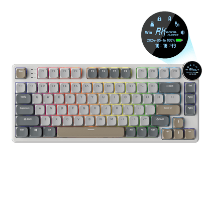 RK N80 Low Profile Mechanical Keyboard featuring display screen, compact design, and RGB backlighting, suitable for efficient work and gaming