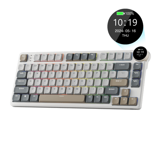 RK N80 Low Profile Mechanical Keyboard featuring display screen, compact design, and RGB backlighting, suitable for efficient work and gaming