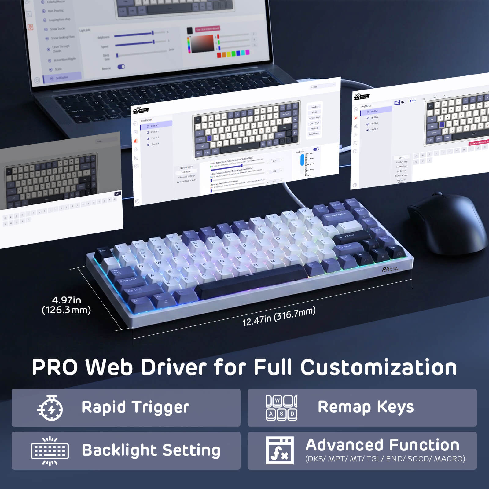 Keyboard with computer setup, showing web driver customization interface on screens.