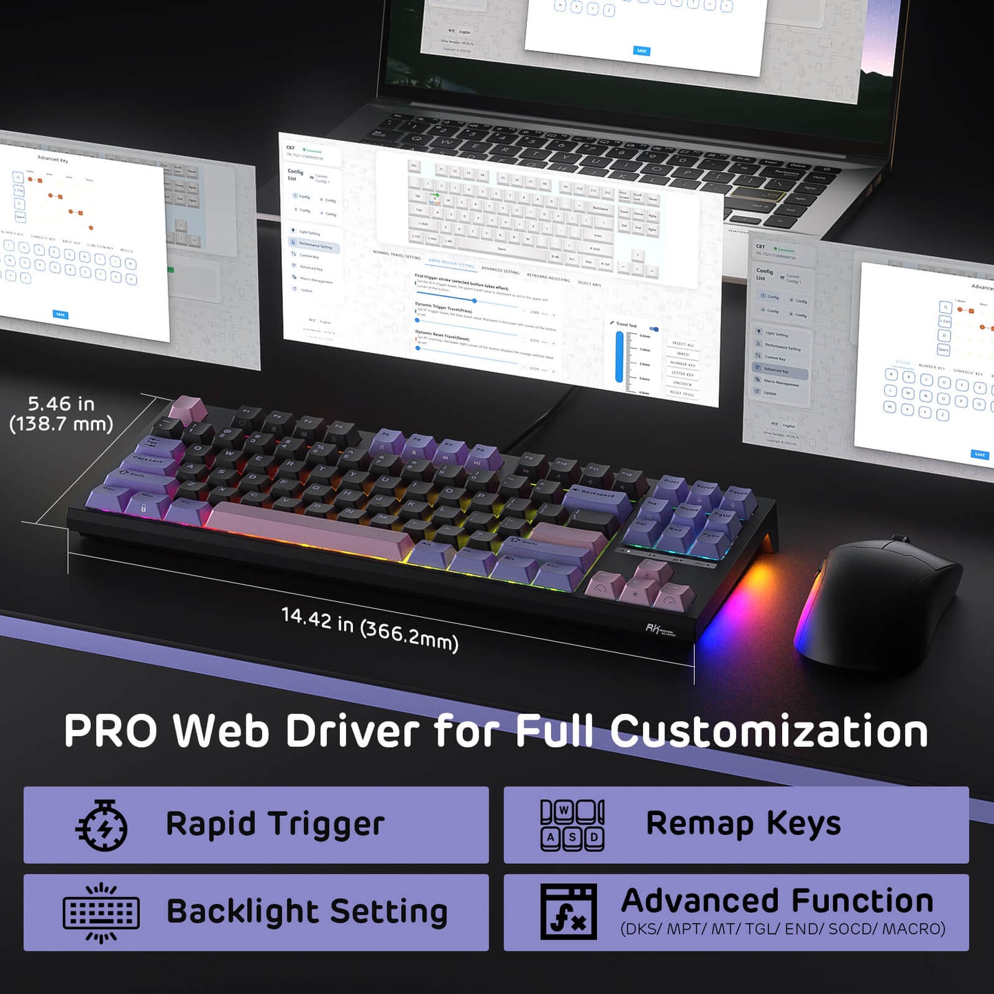Keyboard with customizable features on a desk setup with multiple monitors.