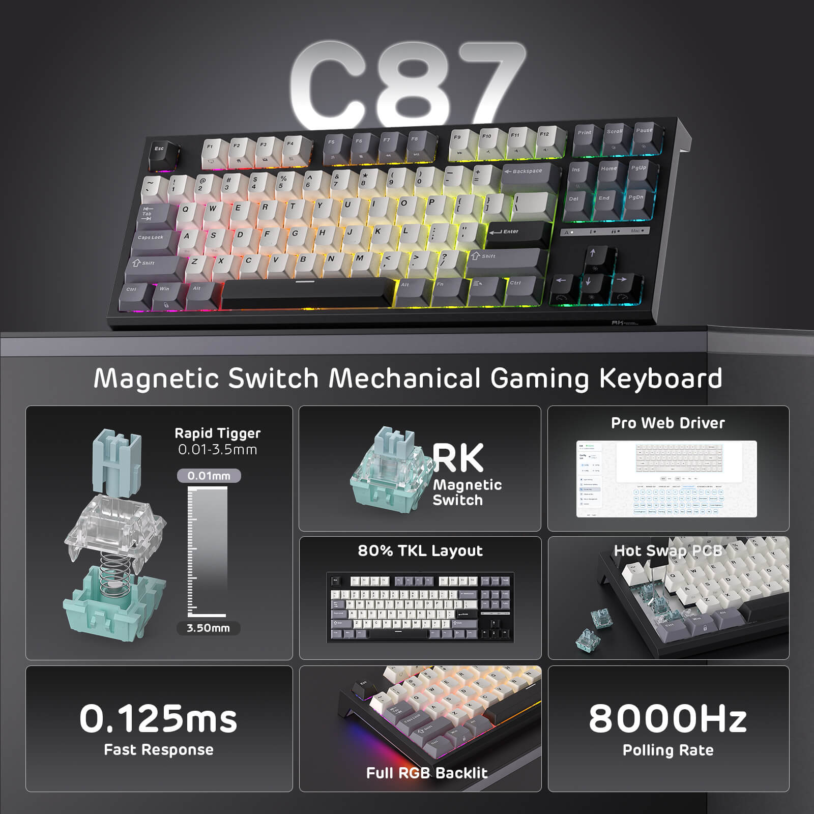 RK C87 Mechanical gaming keyboard with features highlighted on a dark background
