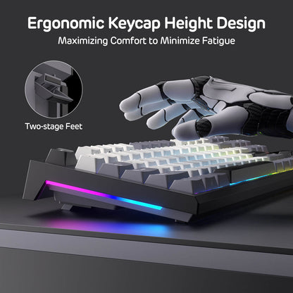 Ergonomic keyboard with a hand on it, highlighting keycap height design and two-stage feet.