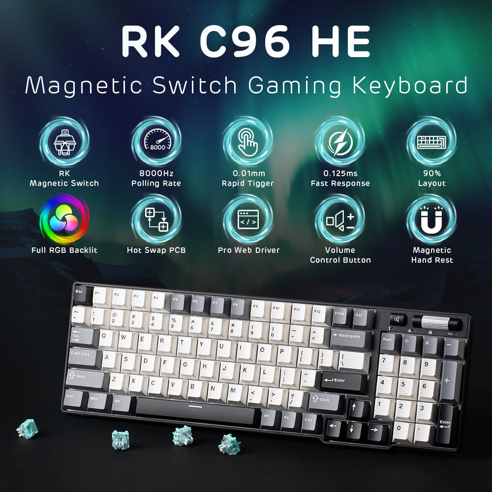 RK ROYAL KLUDGE C96 HE Mechanical Gaming Keyboard, Hall Effect Magnetic Switch, Hot Swappable 90% Wired RGB Keyboard w/Wrist Rest, Rapid Trigger Adjustable Actuation, 8K Polling Rate, Pro Web Driver