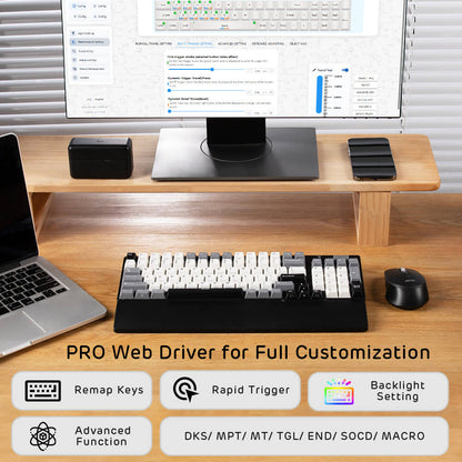 Wooden desk setup with computer monitor, keyboard, mouse, and laptop on a wooden surface.