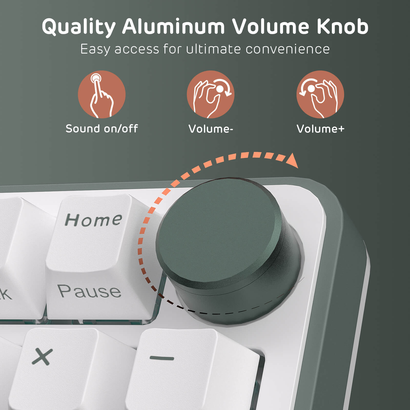 Aluminum volume knob on a keyboard with labeled functions on a gray background