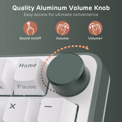 Aluminum volume knob on a keyboard with labeled functions on a gray background
