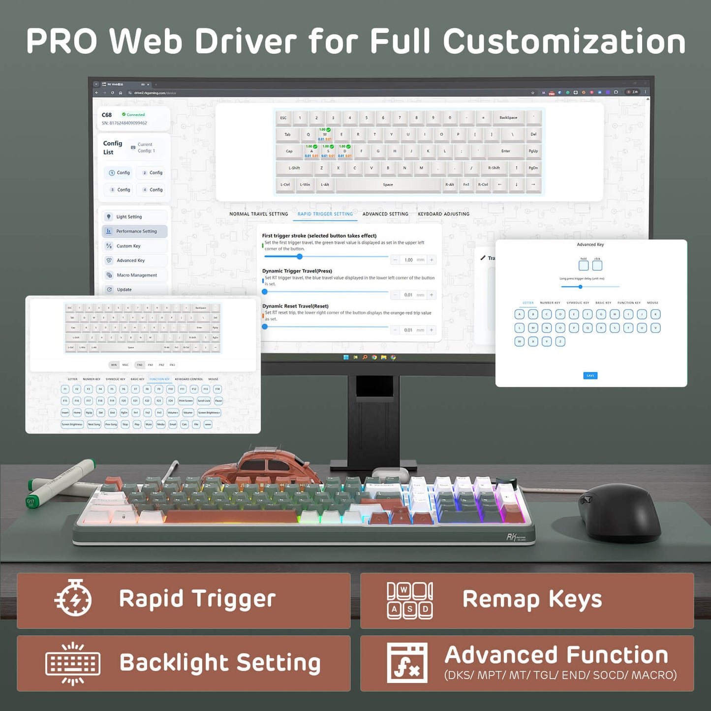 Keyboard with customizable settings on a desk, featuring text 'PRO Web Driver for Full Customization'.