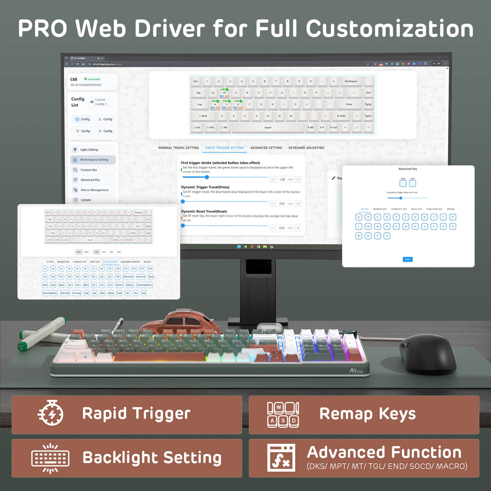 Keyboard with customizable settings on a desk, featuring text 'PRO Web Driver for Full Customization'.