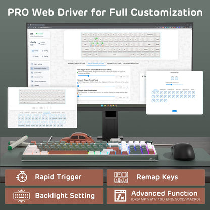 Keyboard with customizable settings on a desk, featuring text 'PRO Web Driver for Full Customization'.