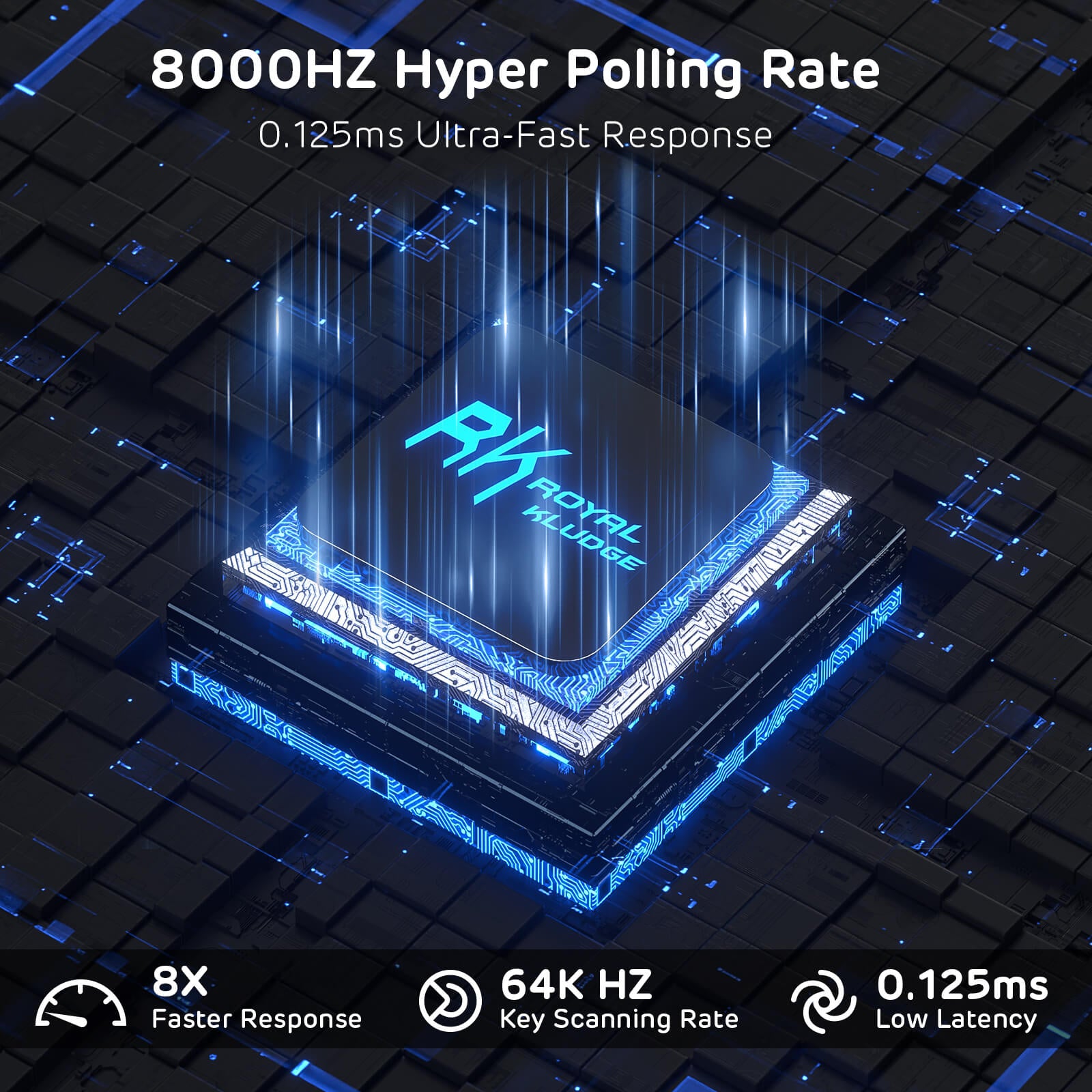 Electronic component with Riky logo on a dark background with blue highlights