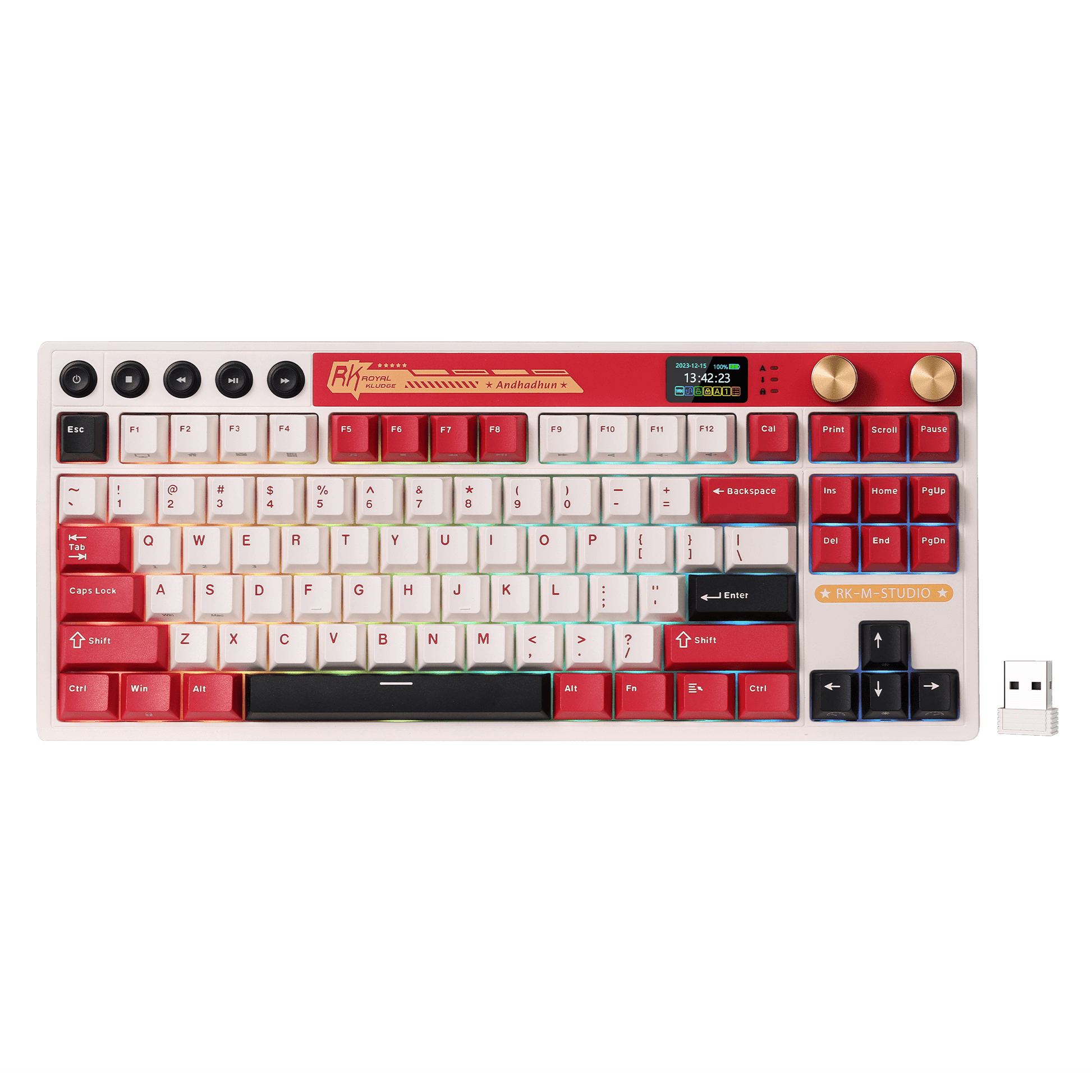 RK ROYAL KLUDGE M87 Wireless Gaming Keyboard with Screen and Dual Knob, 75% Percent 2.4Ghz/Bluetooth/USB-C Gasket Mechanical Keyboard with 7500mAh Battery, RGB Backlit Hot Swappable Cream Switch