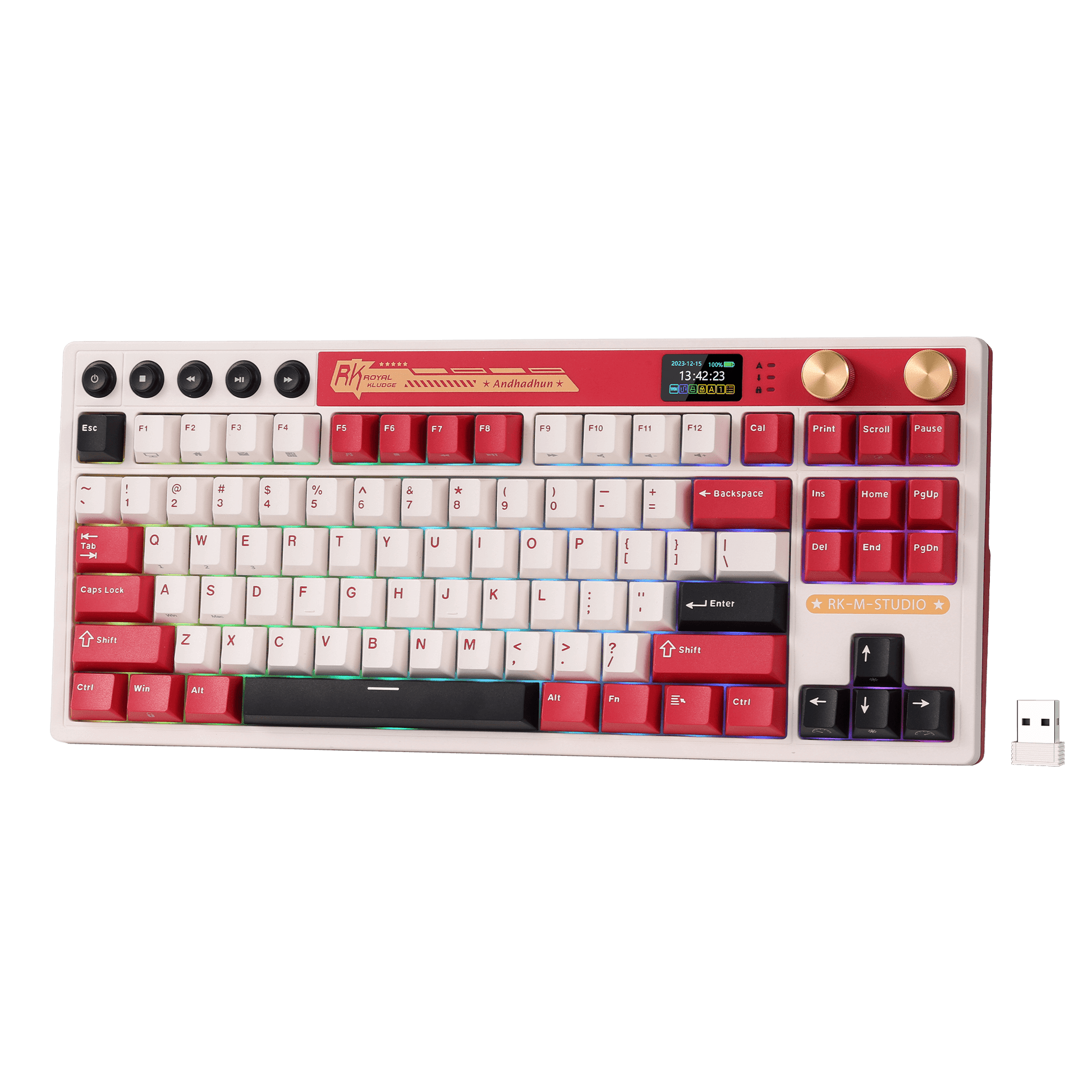 RK ROYAL KLUDGE M87 Wireless Gaming Keyboard with Screen and Dual Knob, 75% Percent 2.4Ghz/Bluetooth/USB-C Gasket Mechanical Keyboard with 7500mAh Battery, RGB Backlit Hot Swappable Cream Switch