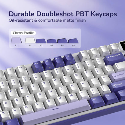 RK Mechanical keyboard with durable doubleshot PBT keycaps on a purple background