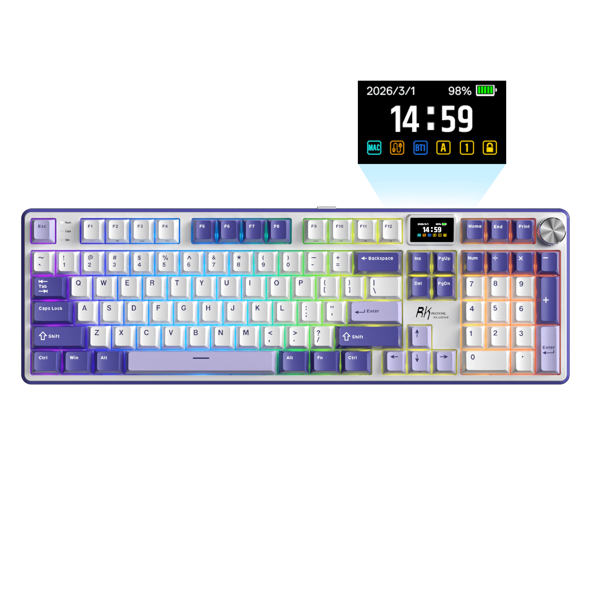 RK ROYAL KLUDGE S104 Full Size Wireless Mechanical Keyboard, 100% Creamy Computer Keyboard with Number Pad, TFT Display Screen and CNC Aluminium Volume Knob,101Keys Hot Swappable Pre-lubed Linear Switch, RGB Backlit, TOP Mount Gaming Keyboard, 5-Layer Sound Dampening Foams, Massive 8000mAh Battery, Online Software for Wins/Mac