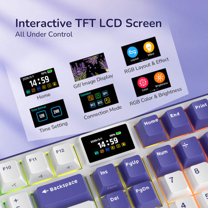 Keyboard with an interactive TFT LCD screen displaying various functions on a purple background.