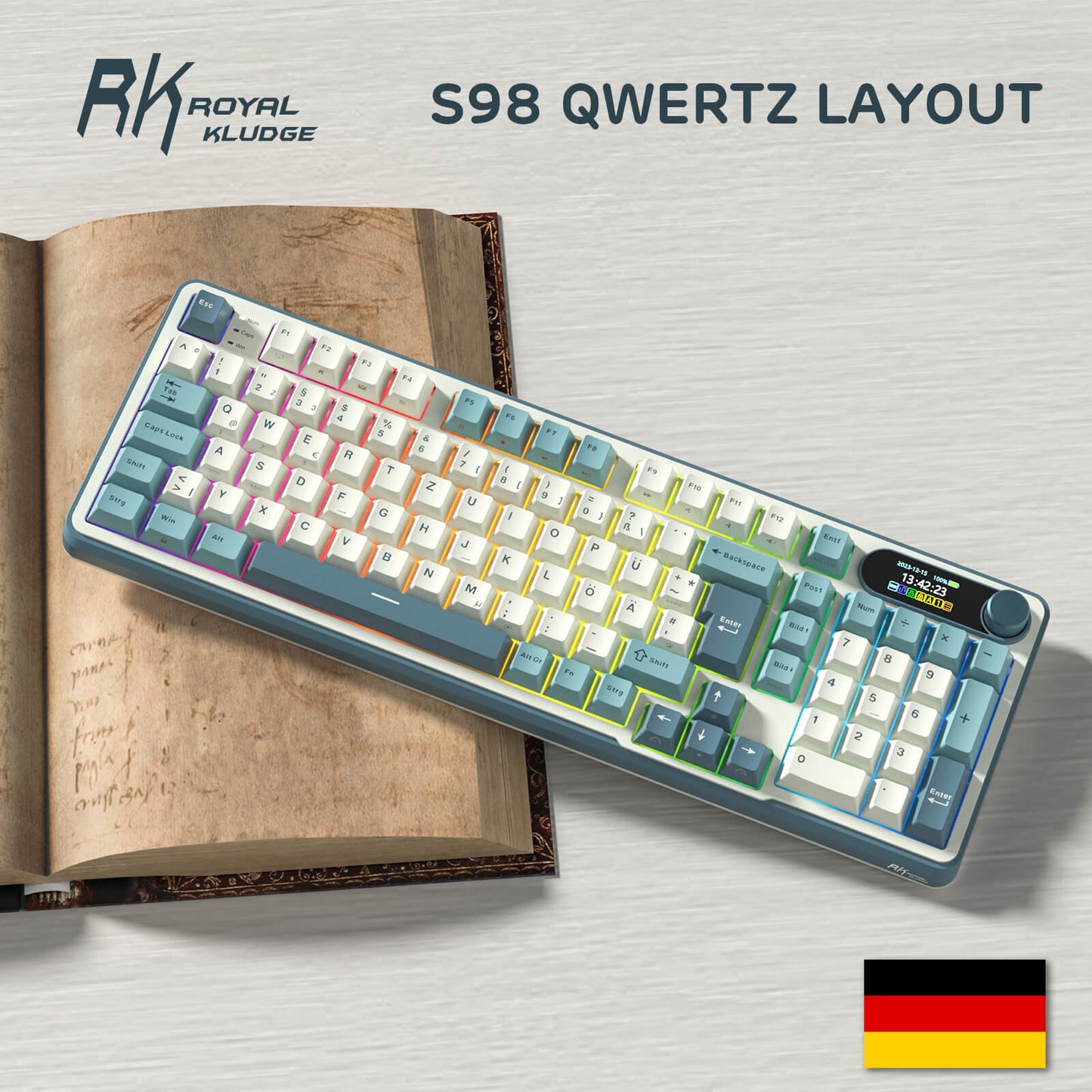 RK ROYAL KLUDGE S98 Mechanische Tastatur mit Smart Display & Knopf, Top Mount 96% Kabellose Mechanische Tastatur BT/2.4G/USB-C, Hot-Swap-fähige, Software-Unterstützung, Massiver Akku, 98 Tasten 