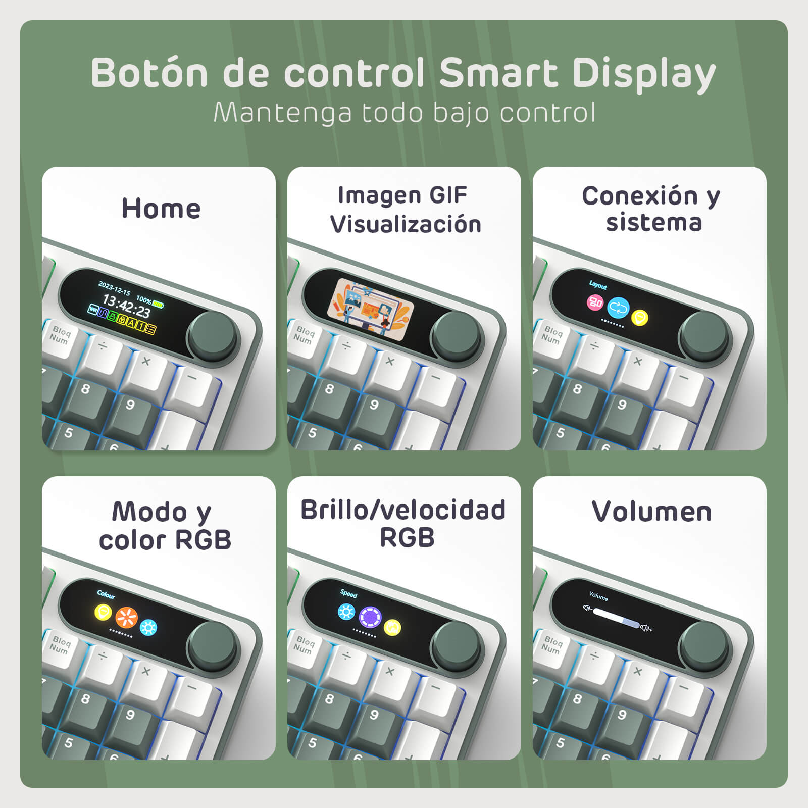 Smart display control button with various functions on a green background