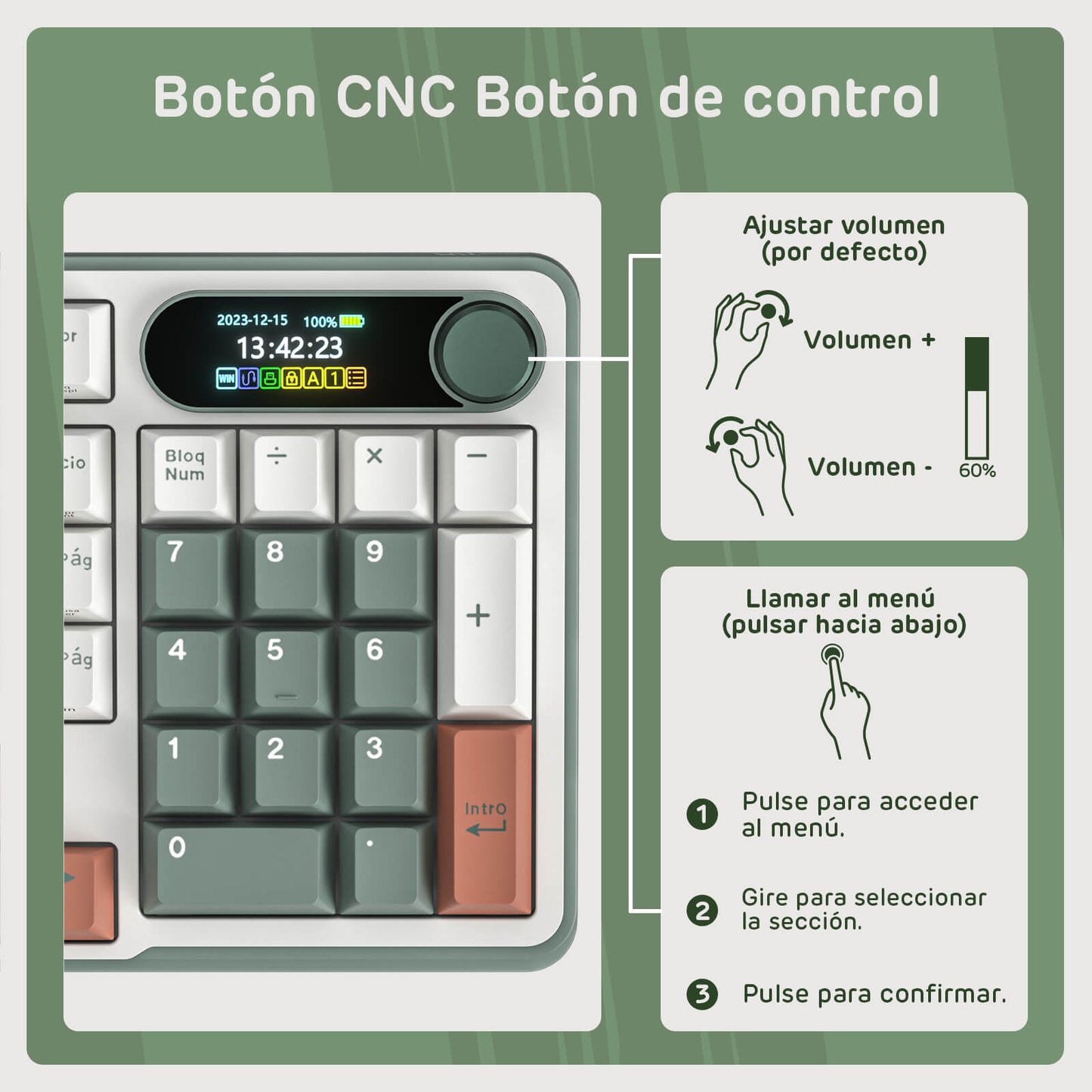 Control panel with buttons and display, labeled 'Botón CNC Botón de control' on a green background.