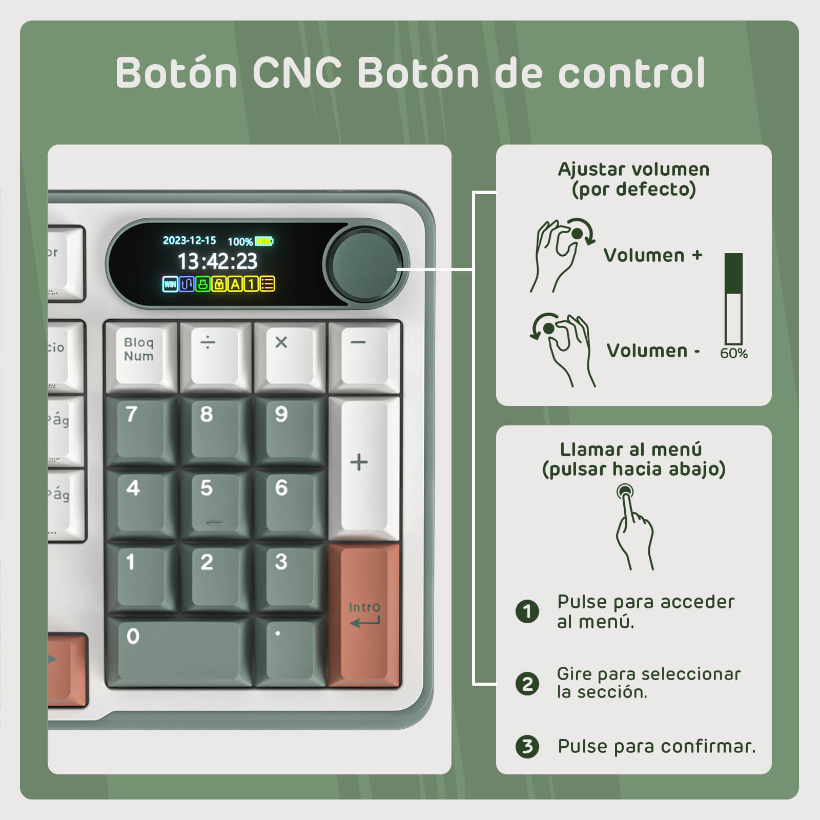 Control panel with buttons and display, labeled 'Botón CNC Botón de control' on a green background.