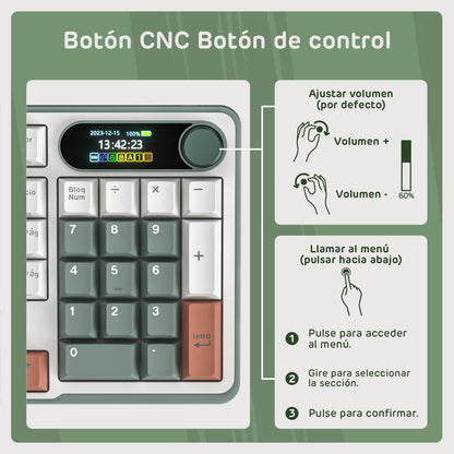Control panel with buttons and display, labeled 'Botón CNC Botón de control' on a green background.