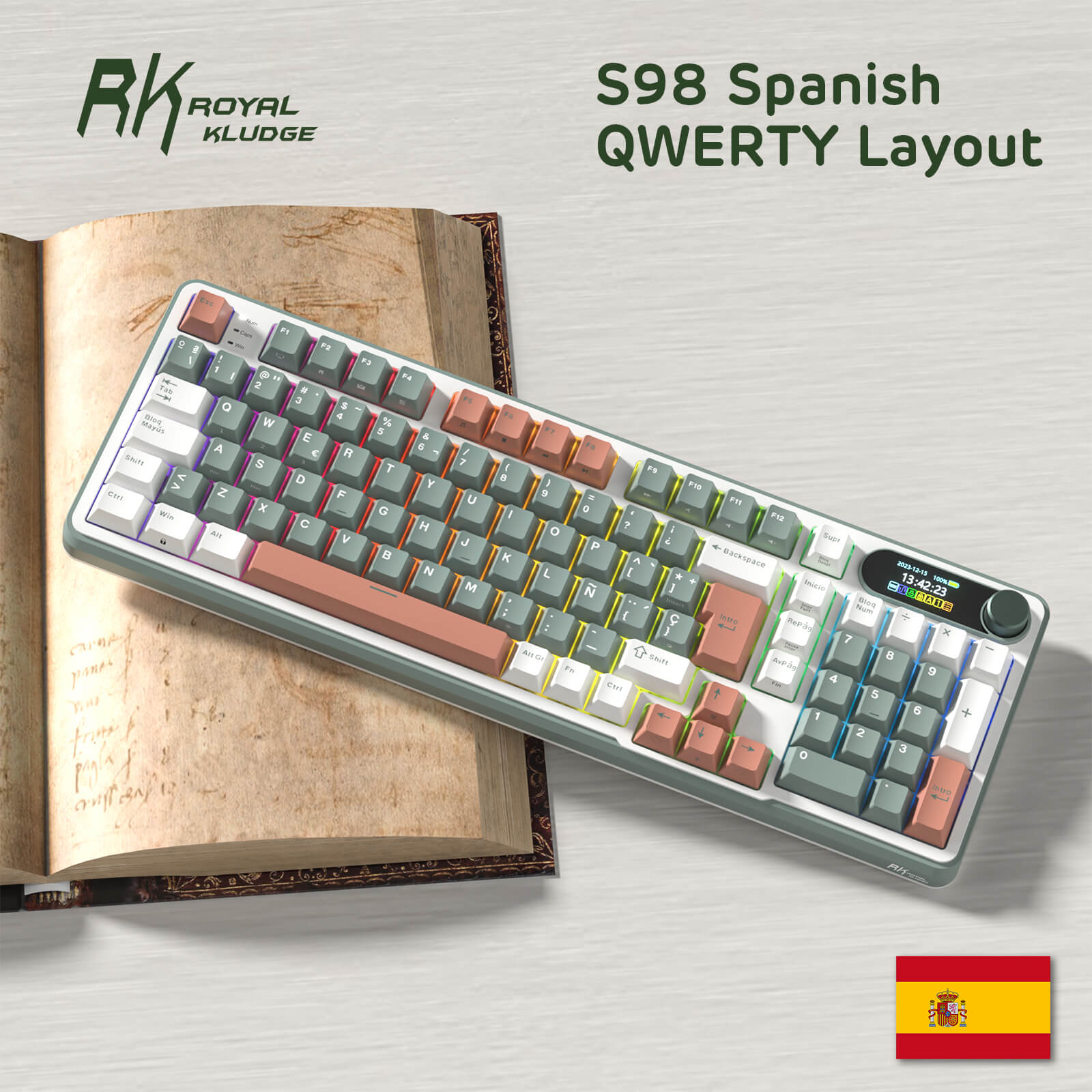 RK Royal Kludge S98 Spanish QWERTY keyboard on a light gray background with an open book.