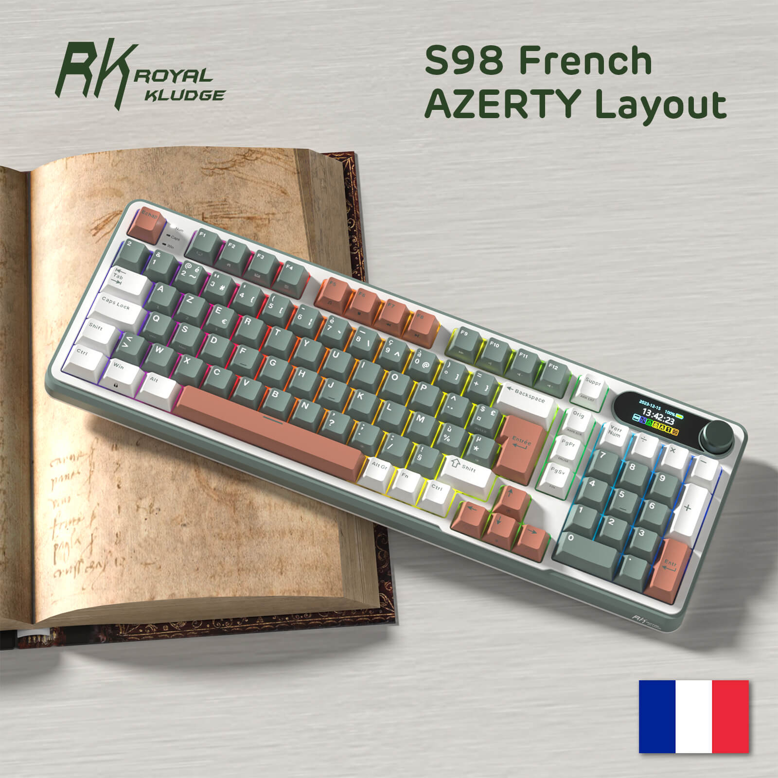 RK Royal Kludge S98 French AZERTY layout keyboard on a wooden surface with a book