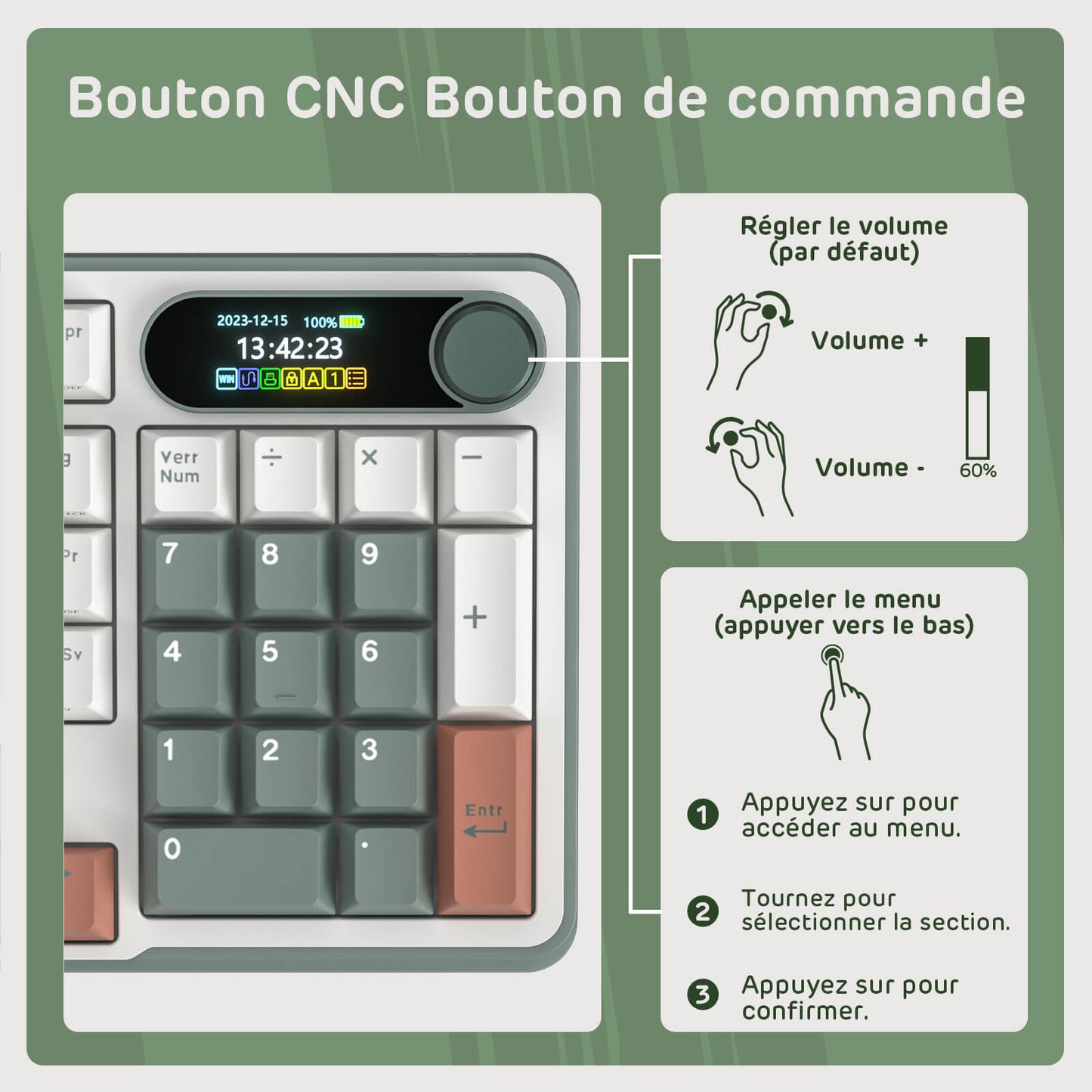 Control panel with buttons and display, featuring text in French about volume control and menu navigation.