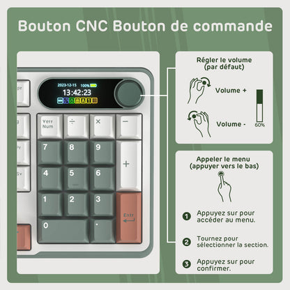 Control panel with buttons and display, featuring text in French about volume control and menu navigation.