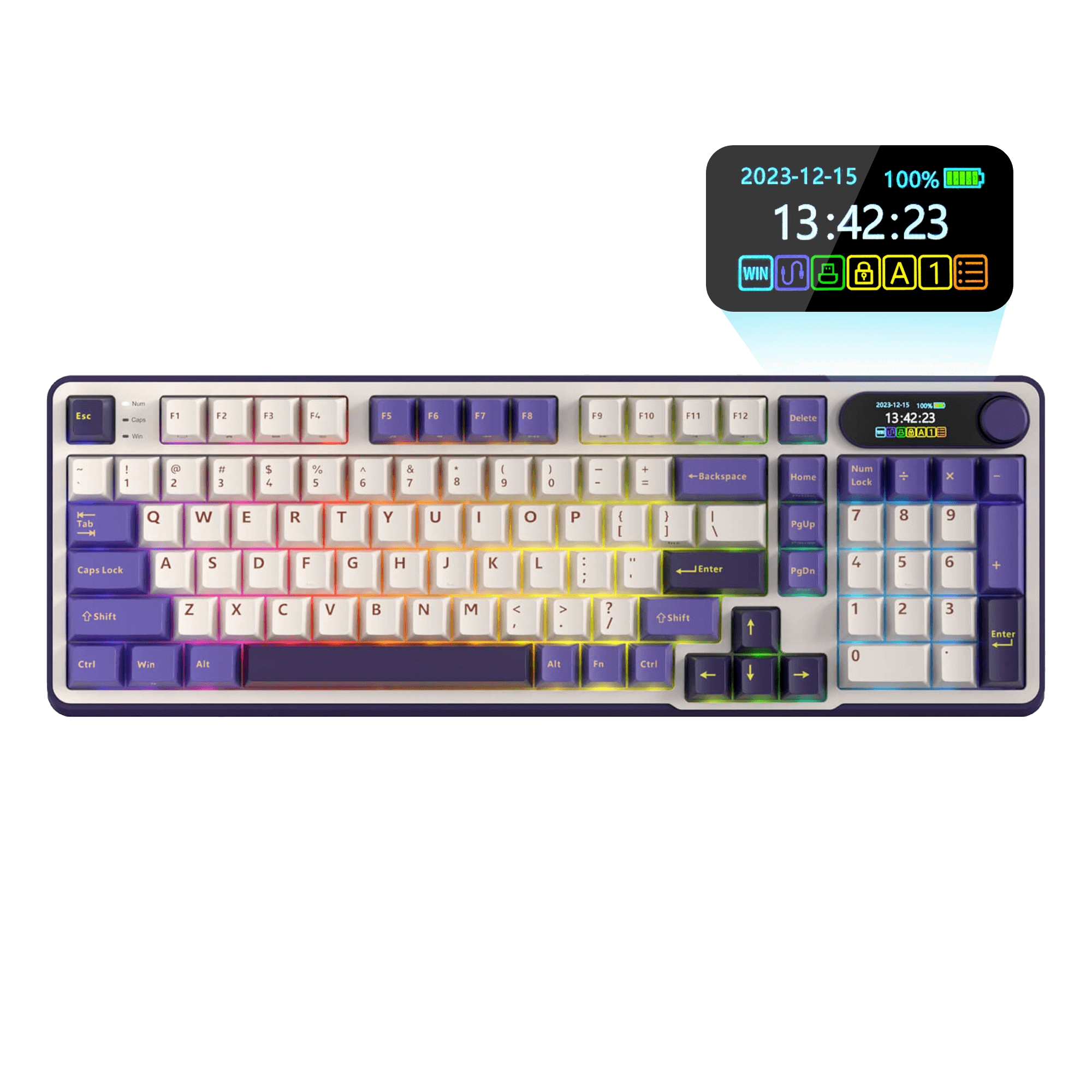 Close-up view of the RK ROYAL KLUDGE S98 Wireless Hot-Swappable RGB Keyboard in Lavender Purple with number pad, showcasing the RGB backlit keys and volume knob for media control