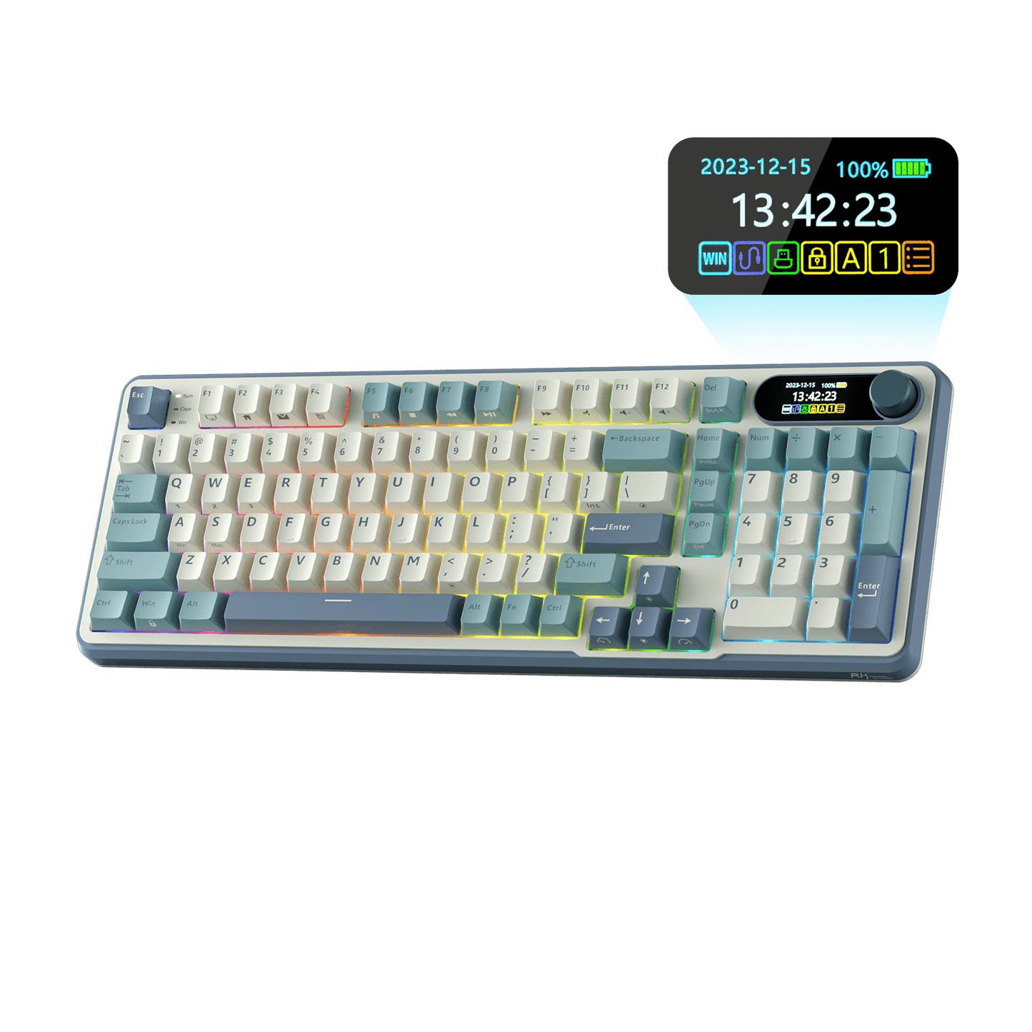 Close-up view of the RK ROYAL KLUDGE S98 Wireless Hot-Swappable RGB Keyboard in Sky Blue with number pad, showcasing the RGB backlit keys and volume knob for media control