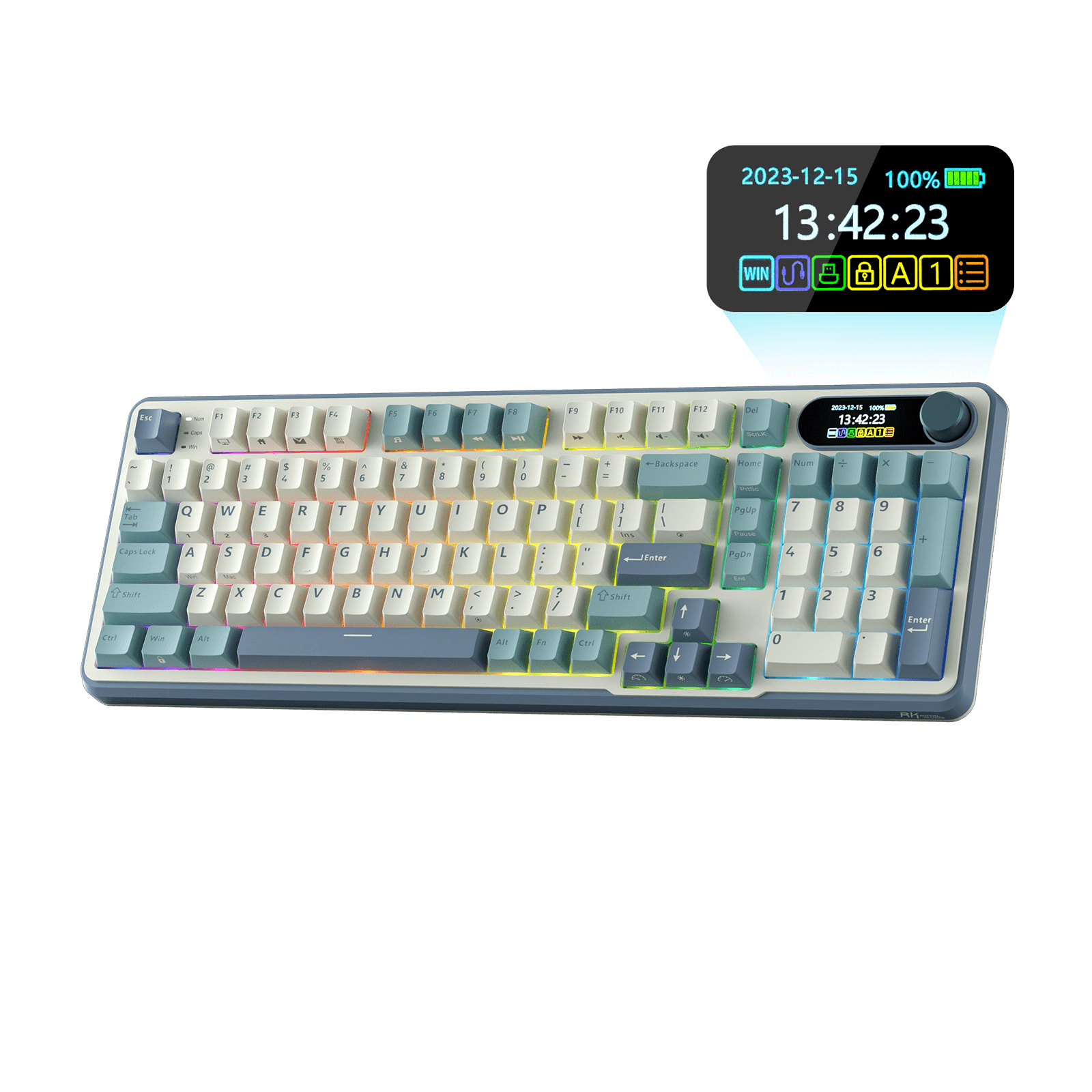 Close-up view of the RK ROYAL KLUDGE S98 Wireless Hot-Swappable RGB Keyboard in Sky Blue with number pad, showcasing the RGB backlit keys and volume knob for media control
