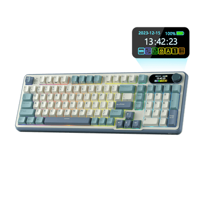 Close-up view of the RK ROYAL KLUDGE S98 Wireless Hot-Swappable RGB Keyboard in Sky Blue with number pad, showcasing the RGB backlit keys and volume knob for media control