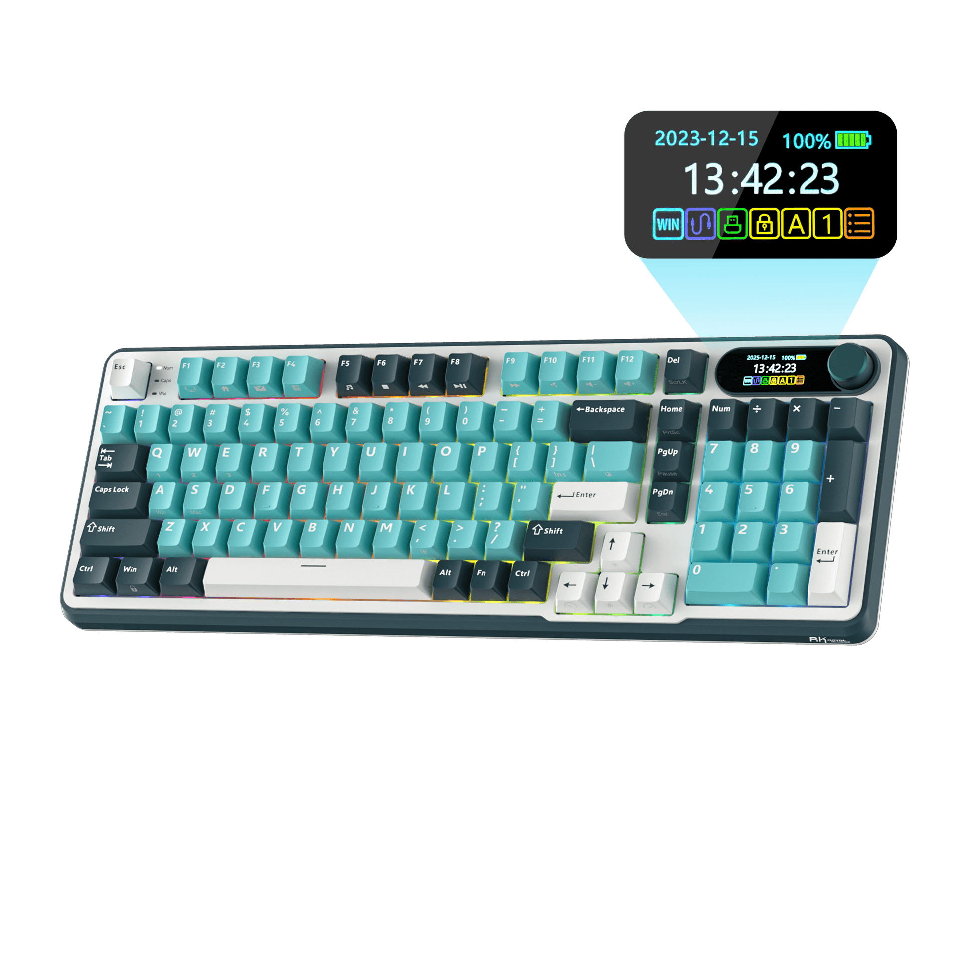 Close-up view of the RK ROYAL KLUDGE S98 Wireless Hot-Swappable RGB Keyboard in Sky Blue with number pad, showcasing the RGB backlit keys and volume knob for media control