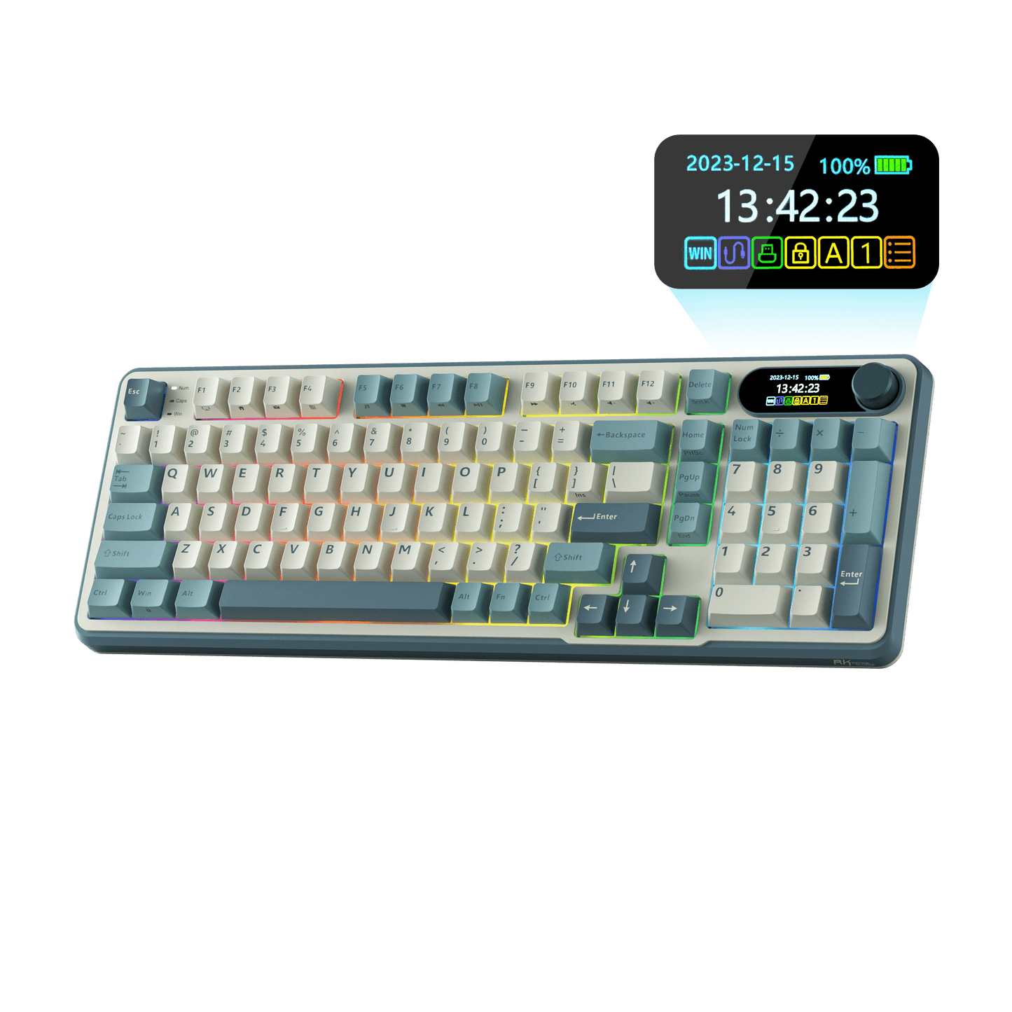 Close-up view of the RK ROYAL KLUDGE S98 Wireless Hot-Swappable RGB Keyboard in Lavender Purple with number pad, showcasing the RGB backlit keys and volume knob for media control