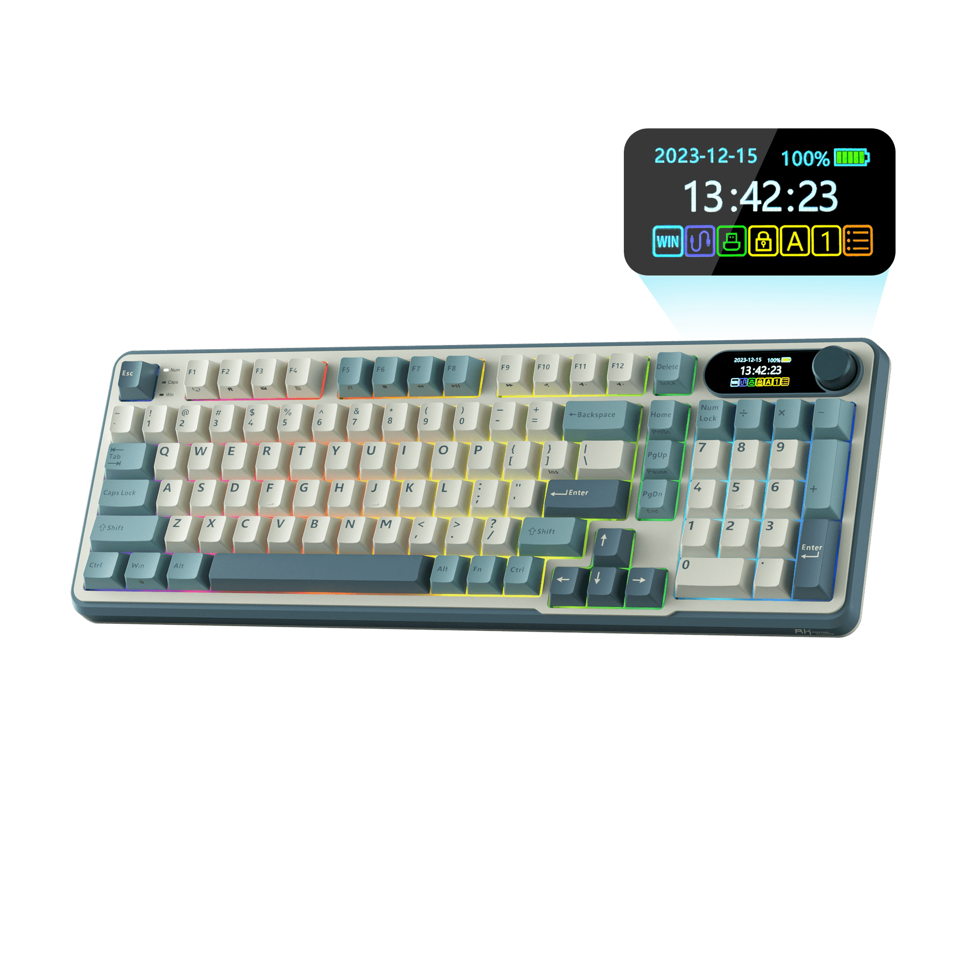 Close-up view of the RK ROYAL KLUDGE S98 Wireless Hot-Swappable RGB Keyboard in Lavender Purple with number pad, showcasing the RGB backlit keys and volume knob for media control