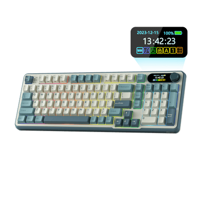 Close-up view of the RK ROYAL KLUDGE S98 Wireless Hot-Swappable RGB Keyboard in Lavender Purple with number pad, showcasing the RGB backlit keys and volume knob for media control