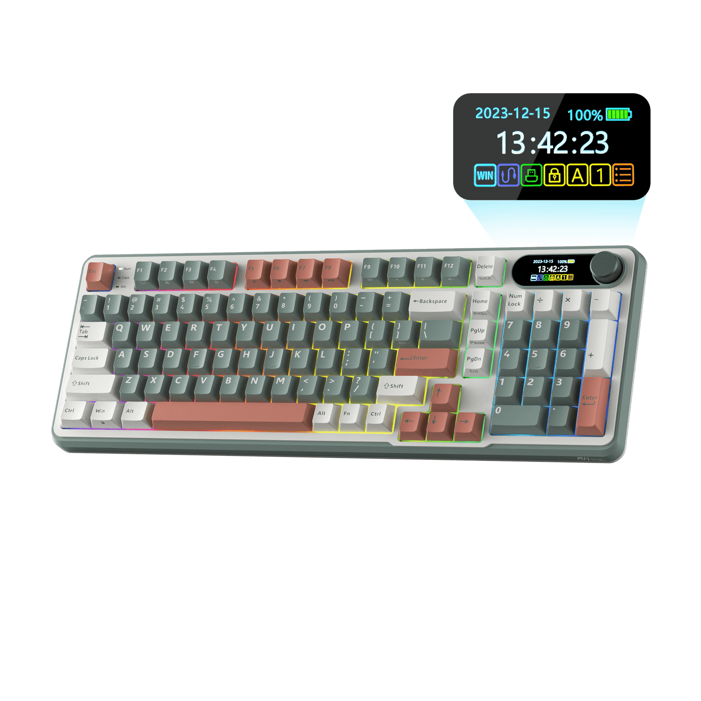 Close-up view of the RK ROYAL KLUDGE S98 Wireless Hot-Swappable RGB Keyboard in Lavender Purple with number pad, showcasing the RGB backlit keys and volume knob for media control