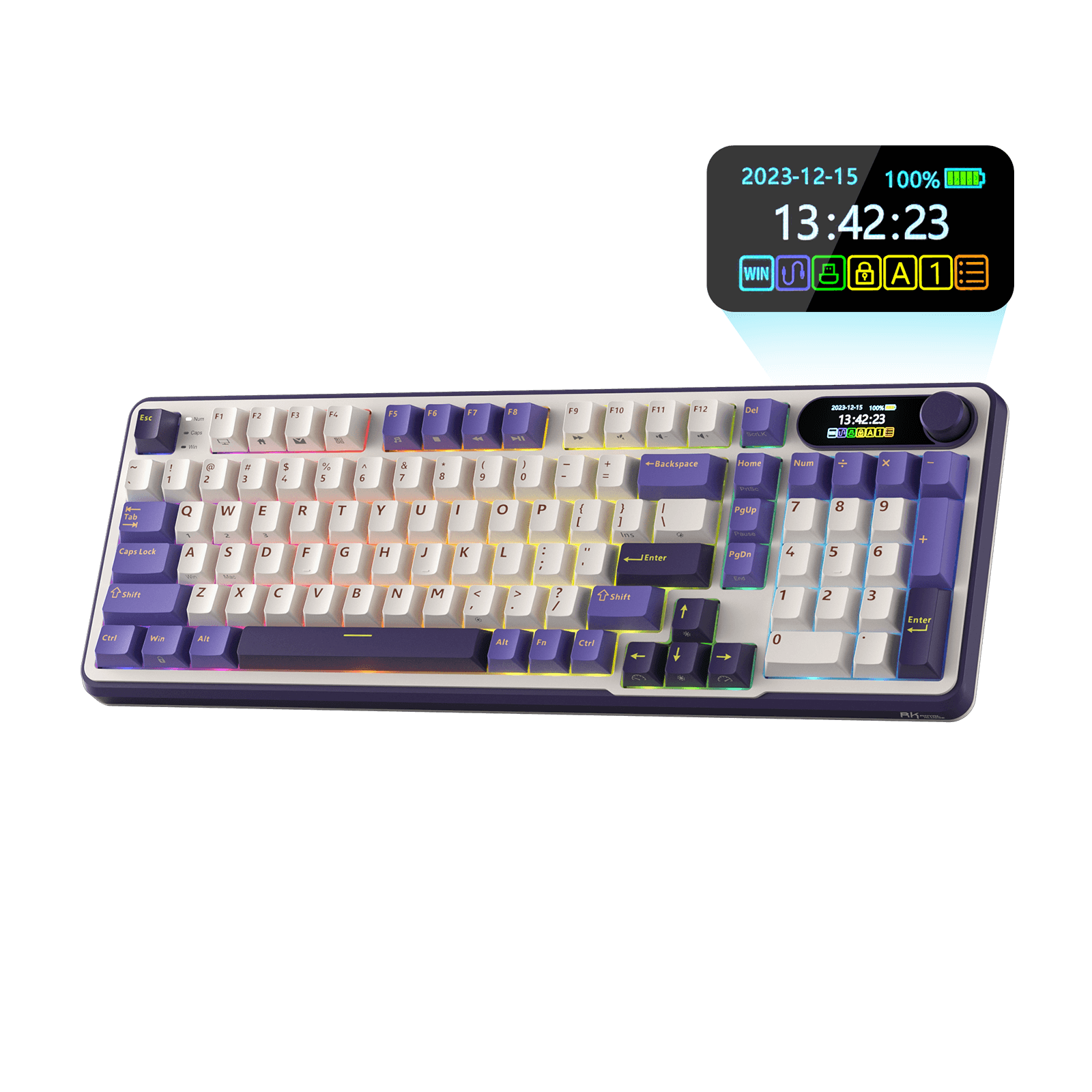 Close-up view of the RK ROYAL KLUDGE S98 Wireless Hot-Swappable RGB Keyboard in Lavender Purple with number pad, showcasing the RGB backlit keys and volume knob for media control