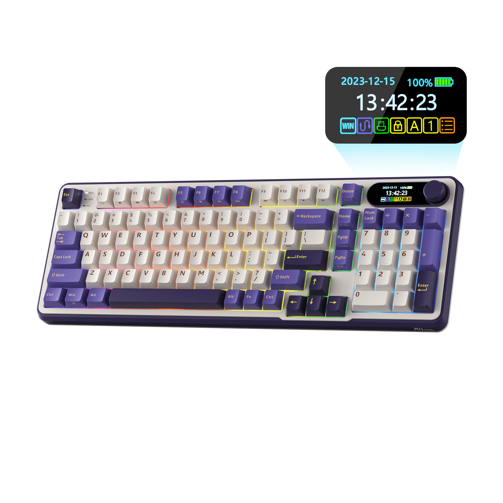Close-up view of the RK ROYAL KLUDGE S98 Wireless Hot-Swappable RGB Keyboard in Lavender Purple with number pad, showcasing the RGB backlit keys and volume knob for media control