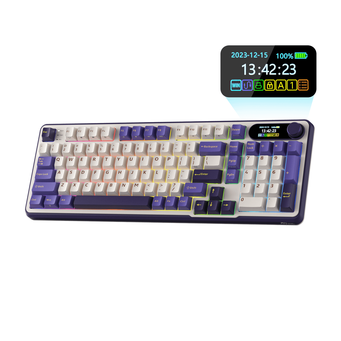 Close-up view of the RK ROYAL KLUDGE S98 Wireless Hot-Swappable RGB Keyboard in Lavender Purple with number pad, showcasing the RGB backlit keys and volume knob for media control