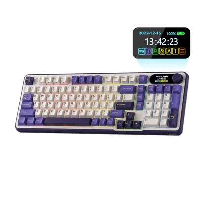 Close-up view of the RK ROYAL KLUDGE S98 Wireless Hot-Swappable RGB Keyboard in Lavender Purple with number pad, showcasing the RGB backlit keys and volume knob for media control
