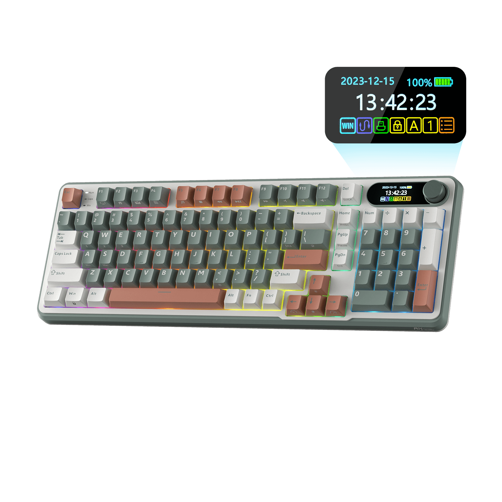 Close-up view of the RK ROYAL KLUDGE S98 Wireless Hot-Swappable RGB Keyboard in Clay Green with number pad, showcasing the RGB backlit keys and volume knob for media control