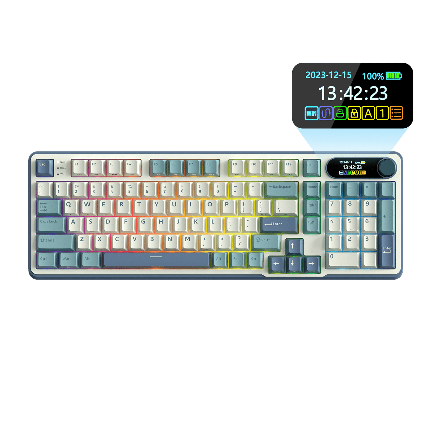 Close-up view of the RK ROYAL KLUDGE S98 Wireless Hot-Swappable RGB Keyboard in Sky Blue with number pad, showcasing the RGB backlit keys and volume knob for media control