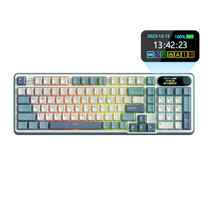 Close-up view of the RK ROYAL KLUDGE S98 Wireless Hot-Swappable RGB Keyboard in Sky Blue with number pad, showcasing the RGB backlit keys and volume knob for media control