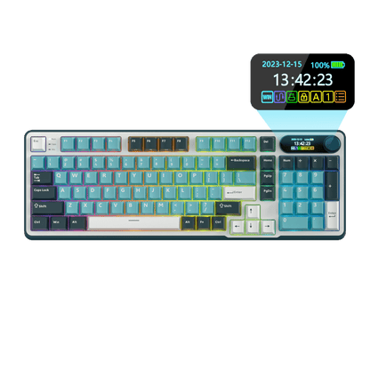 Close-up view of the RK ROYAL KLUDGE S98 Wireless Hot-Swappable RGB Keyboard in Sky Blue with number pad, showcasing the RGB backlit keys and volume knob for media control