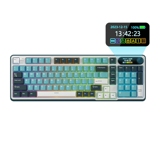 Close-up view of the RK ROYAL KLUDGE S98 Wireless Hot-Swappable RGB Keyboard in Sky Blue with number pad, showcasing the RGB backlit keys and volume knob for media control